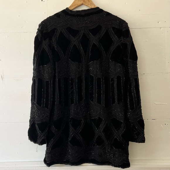 VINTAGE black tie black velvet silk cardigan size 8 - Picture 8 of 9